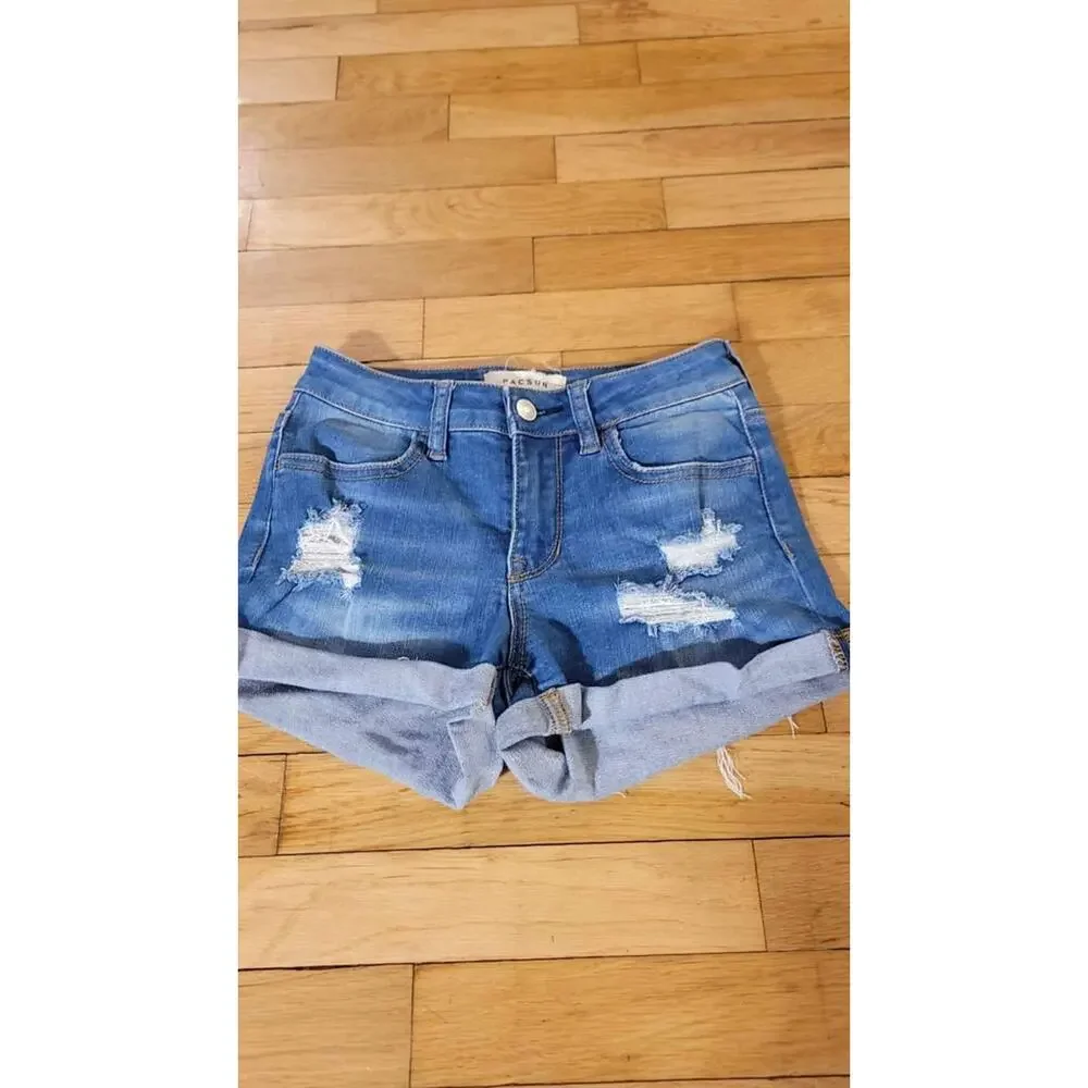PacSun Super Stretch Shortie Blue Denim Distressed Short 24